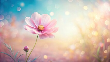 Obraz premium Delicate pink flower in serene landscape with soft pastel hues, pink, flower, delicate, bend, gracefully, serene, landscape, pastel