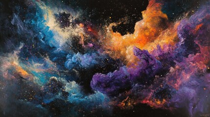 Vibrant cosmic nebula with swirling colors and glittering stars.