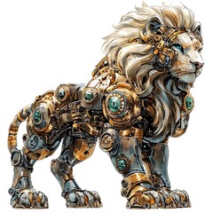 Fototapeta premium Majestic Mechanical Lion A Steampunk-Inspired Digital Painting of a Robotic Lion.