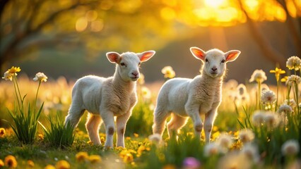 Fototapeta premium Spring lambs playing in golden sunlight among blooming flowers, spring, lambs, golden light, flowers, nature, cute, animals, grazing