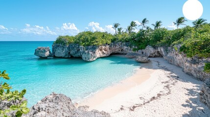 Naklejka premium Secluded tropical beach cove with turquoise water, white sand, and palm trees.