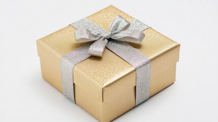 Obraz premium Elegant Gold Gift Box with Silver Ribbon on White Background