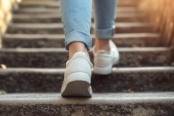 Woman's feet in white sneakers ascending stone steps outdoors.