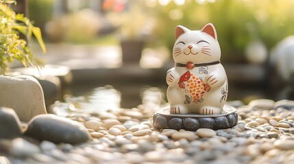 Serene Lucky Cat Figurine in Zen Garden with Sand Patterns and Pebbles