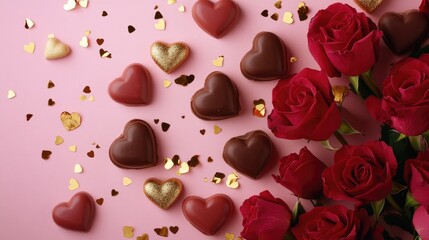 Fototapeta premium Romantic Arrangement of Chocolate Hearts and Red Roses on Pink Surface