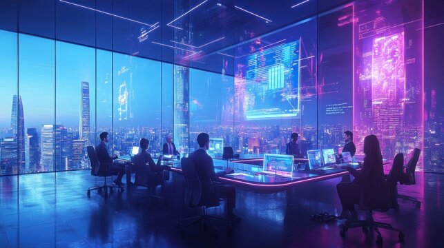 Futuristic business meeting in a high-rise office with holographic displays showing data analytics and city skyline. - Powered by Adobe