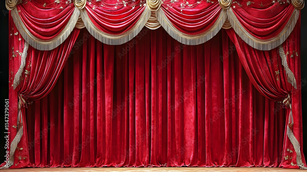 Poster red stage curtains and empty stage await a performance