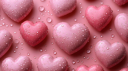 Pink Hearts Adorned with Water Droplets on Pink Background