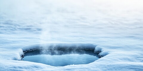 Winter serenity: icy lake with steam rising from a perforation