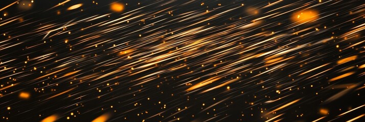 Shining golden light lines and glowing particles moving rapidly on a black background, conveying movement and sophistication.