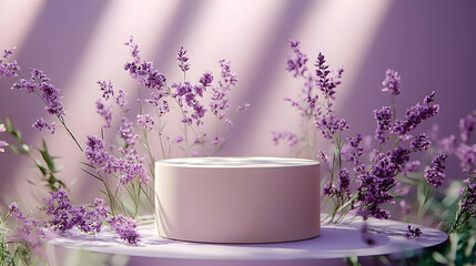 Purple Flowers Adorn a Podium Elegantly, Displaying Floral Beauty