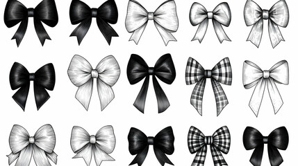 Elegant Bow Designs: Black, White, Plaid Illustrations for Various Crafts