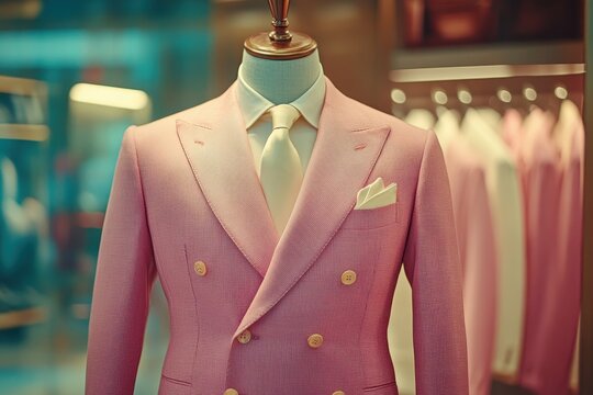 Pink double-breasted suit on a mannequin, close-up view. Perfect for fashion, style, or business websites.