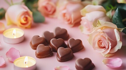Romantic Scene with Chocolate Hearts and Pink Roses on Table