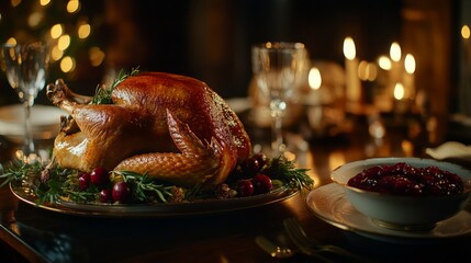 A golden roast turkey garnished with fresh herbs. 