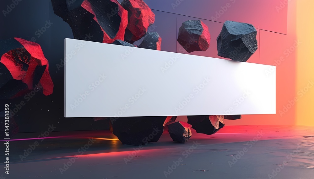 Poster dynamic abstract composition with floating rocks and blank space futuristic environment digital art 