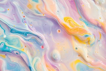 Fototapeta premium Abstract pastel liquid texture with swirling patterns showcasing vibrant colors such as pink, blue, yellow, and purple perfect for backgrounds and artistic projects
