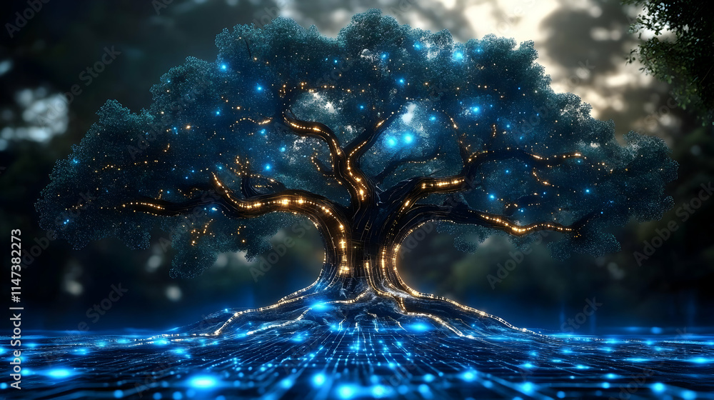 Poster digital tree grows on circuit board with lights