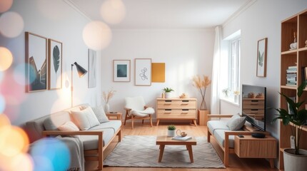 Fototapeta premium Modern Living Room Decor Light Wood Furniture Minimalist Style