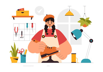 Shoemaker Profession Vector Illustration featuring the Process of Shoe Repair, Footwear Manufacturing, and Design in a Flat Style Cartoon Background