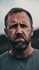 Fototapeta premium Serious middle-aged man with a beard and furrowed brows, reflecting determination and intensity in a natural setting.