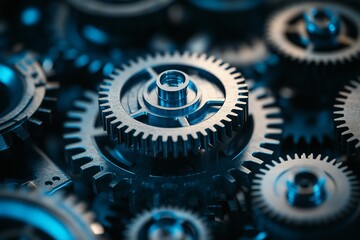 Close-up of intricate metal gears interlocked, showcasing complex machinery.