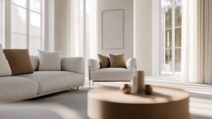 Minimalist living room with white and warm taupe furniture. Featuring a clean, bright layout with minimal decoration