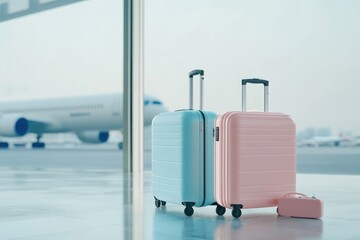 Two pastel suitcases, one blue and one pink, with a small matching bag, stand near an airport window. A blurred airplane in the background creates a stylish travel and vacation theme