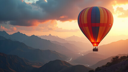 Majestic sunset view from a hot air balloon soaring over picturesque mountain ranges. Breathtaking landscape!