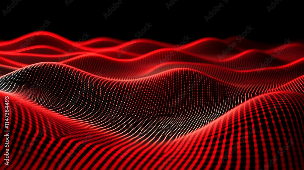 Poster red waves flow smoothly across grid background