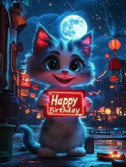 Whimsical animated cat holding a 'Happy Birthday' sign in a vibrant nighttime setting, perfect for birthday party decoration, wall art, or greeting card design.