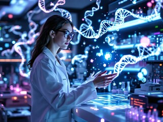 Futuristic Genetic Engineer in High-Tech Biotechnology Lab with Advanced DNA Tools