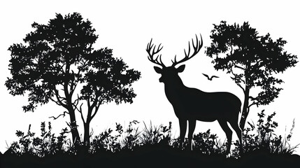 Majestic Deer Silhouette Stands in Scenic Meadow with Trees