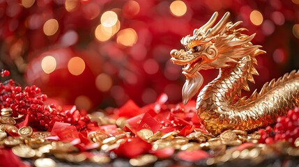 Fototapeta premium Golden Dragon Figurine Surrounded by Coins and Red Envelopes Celebratory Event Festive Atmosphere Close-Up View