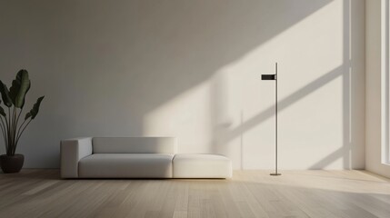 Minimalist living space with sparse, modern decor. Featuring a sleek, open layout