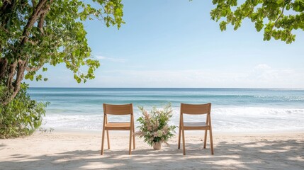 Fototapeta premium Two wooden chairs are set up on a beach, with a vase of flowers in between them