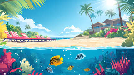 Tropical beach scene above water and a vibrant underwater world below. tropical fish swim over sandy shallows under a clear blue sky, framed by sun loungers and palm trees. Shallows. Illustration