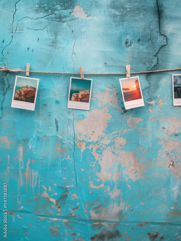 Leinwandbilder Polaroid photos displayed on a string with clothespins against a textured blue wall. Generative AI