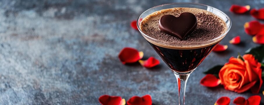 A Valentine Espresso Martini with a heart shaped chocolate garnish, surrounded by rose petals and love themed decor