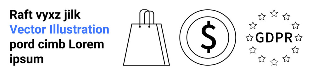 Shopping bag, dollar sign, and GDPR symbol indicating commercial activities and privacy compliance. Ideal for e-commerce, retail, finance, consumer rights, data protection, online shopping