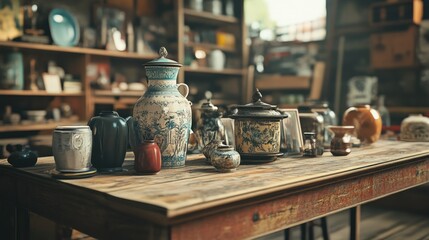 Fototapeta premium Antique porcelain vases and jars on rustic wooden table in antique shop.