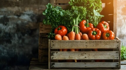 Freshly harvested vegetables stacked in a rustic wooden crate.