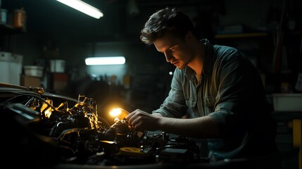 Mechanic in workshop inspecting car engine with flashlight, focusing on engine details, well-lit garage with tools and parts scattered around.
