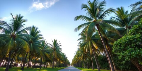 Tropical pathway with palm trees leading to tranquil beach, palm trees, vacation, peaceful