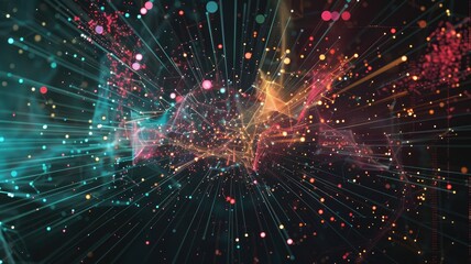 Obraz premium Abstract picture of neon light particle with digital technology style design connecting become dynamic of electric wave movement represent about flowing of data or structure of network system. AIG53.