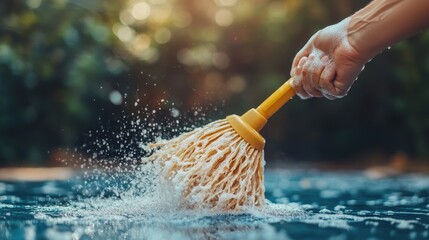 Hand squeezing wet mop in soapy water. Perfect for cleaning, hygiene, or pool maintenance imagery.