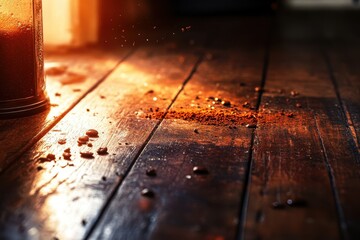 Obraz premium Warm Rustic Kitchen Scene with Coffee Grounds Spilled on Wooden Floor, Sunlight Streaming Through Window, Capturing Morning Serenity and an Inviting Atmosphere