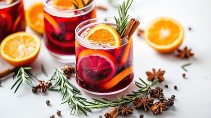 Glass of mulled wine with cinnamon rosemary oranges and spices isolated on white background ideal for festive beverages and holiday gatherings.