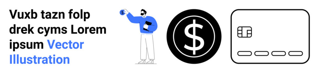 Man holding a large coin with a dollar sign surrounded by a credit card. Ideal for financial transactions, banking, investments, digital payments, online shopping, e-commerce, fintech. Landing page