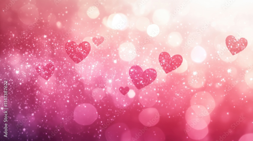 Poster soft pink heart bokeh background with shimmering sparkles